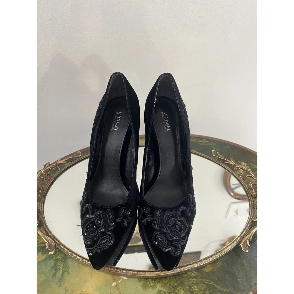 Michael Kors Black Velvet Sequin Beaded Embroidered Pointed Toe Pumps Size 8